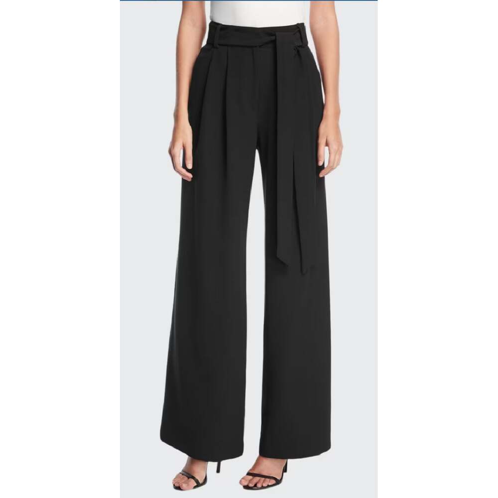 MILLY Natalie Tie-Waist Wide-Leg Pants Size 10 Black Pleated Trousers High Waist